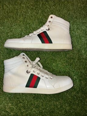 Gucci White High-Top Sneakers with Red & Green Web Stripe
